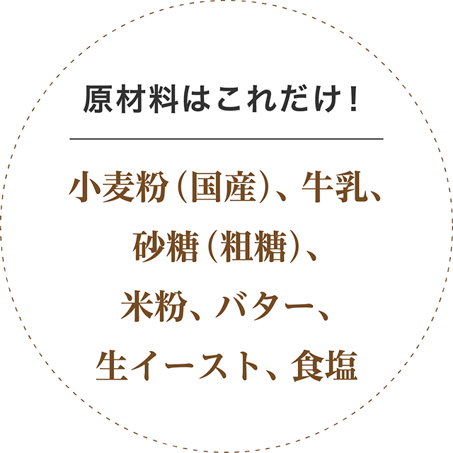 原材料はこれだけ！小麦粉（国産）、牛乳、砂糖（粗糖）、米粉、バター、生イースト、食塩